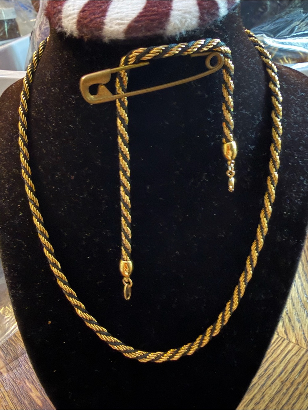 Gold-Tone Twisted Rope Chain Necklace with Safety Pin Accent